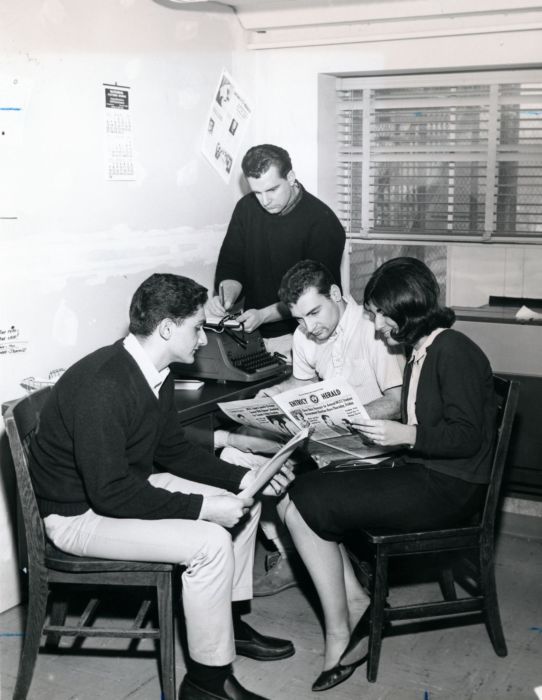 The founding student staff of NCCC's newspaper, Entricy Herald (later known as The Spirit), 1964