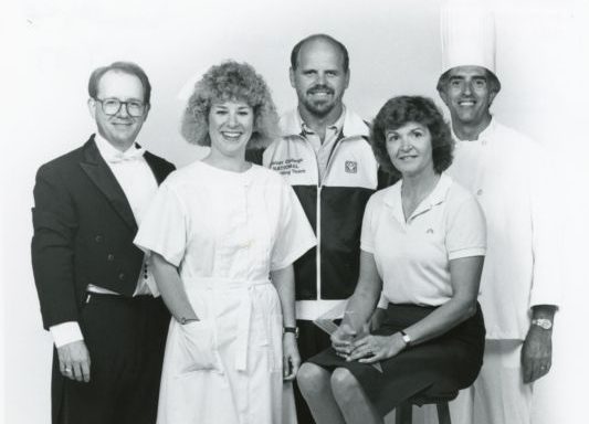 Portrait of NCCC Faculty members: Paul Ferington, Cathy Peuquet, Eric Knuutila, Joanne Stahlman, and Sam Sheusi, 1987