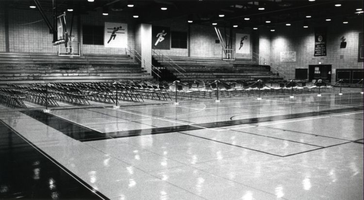 Gym set up for graduation ceremony, 1988