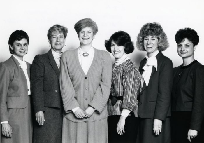 Group portrait of NCCC Nursing Faculty: RoseAnn Roberts, Emily Chapman, Andrea Mastroianni, Marlene Fernandez, Cathy Peuquet, and Marcy Stoll, 1988