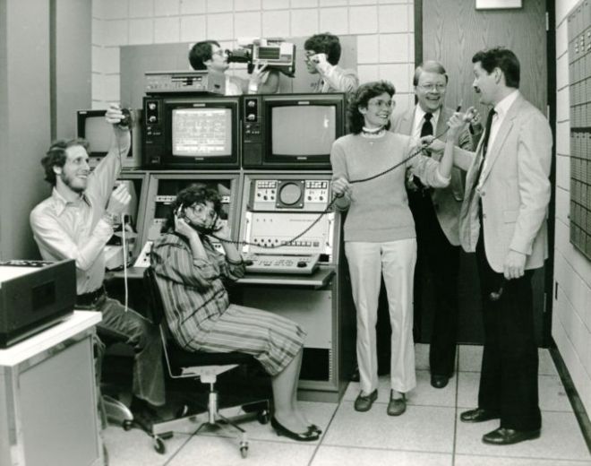 Communication and Media Arts department, including: Vic Wulkan, Ann Catalano, Paul Seland, Dan Nicolette, Al Gelli, and Randy Schultz, circa 1982
