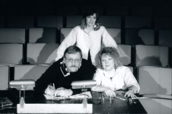 Group portrait of Theatre Faculty: David Conley, Lois Stipp, and Kyle LoConti, 1989