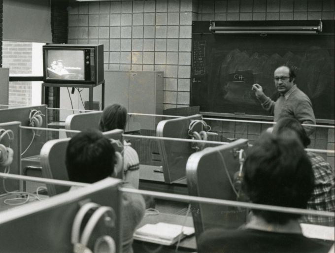 Professor Jean Adjemian teaching in the Language Laboratory, circa 1980