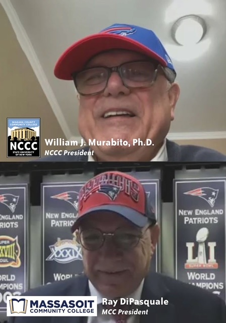 Virtual meeting between Niagara County Community College President William J. Murabito and Massasoit Community College President Ray DiPasquale to discuss wager for the Buffalo Bills and New England Patriots playoff game. 