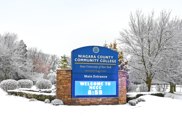 Niagara County Community College sign in the winter