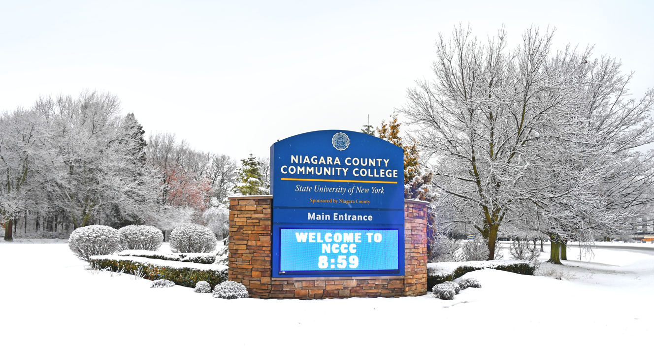 Niagara County Community College sign in the winter