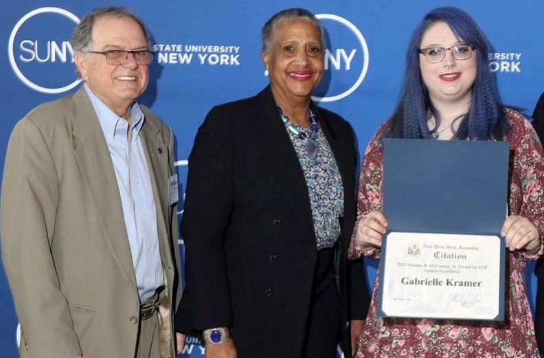 NCCC President William J. Murabito, SUNY Trustee Eunice A. Lewin, and NCCC EOP Student Gabrielle Kramer at the fourth annual EOP Student Excellence Awards Ceremony.