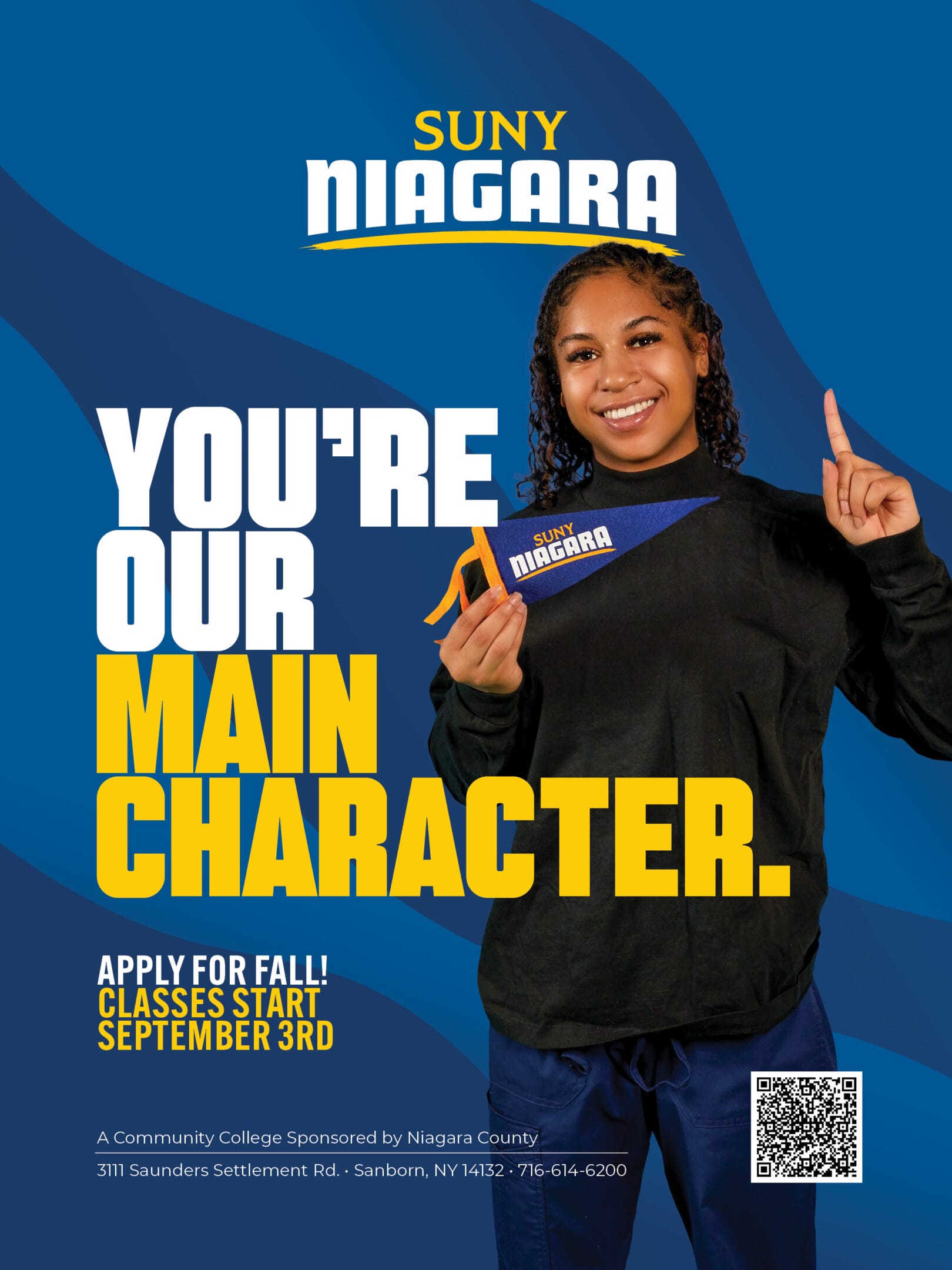 Graphic of a women holding a SUNY Niagara Flag while pointing her index finger.